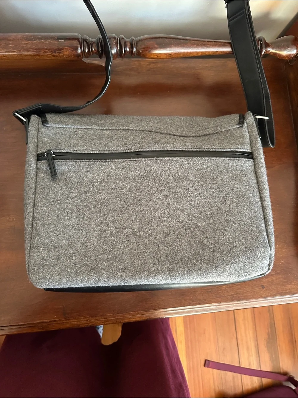 Grey Felt Messenger Bag with Black Trim and Silver Details